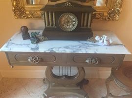fantastic marble top "Lyre" table with antique clock and Jade figures