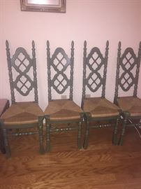 1960's set of four Rush bottomed ladder back chairs