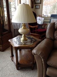 One of Two Glass Top Oak End Tables.  There is also a matching Cocktail and Sofa Table.