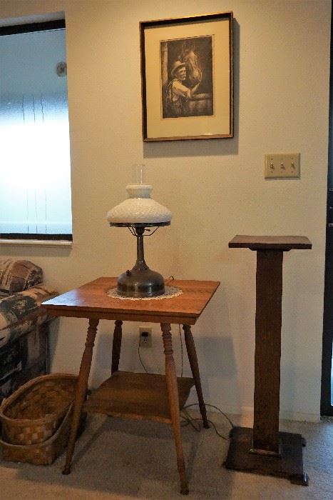 Oak parlor table and plant stand