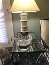 One of pair of wrought iron, glass topped side tables AND one of pair of lamps.