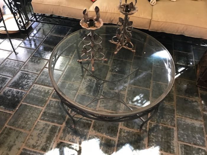 Wrought iron, glass topped coffee table