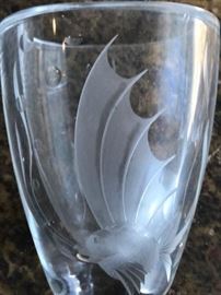 Signed etched glass vase