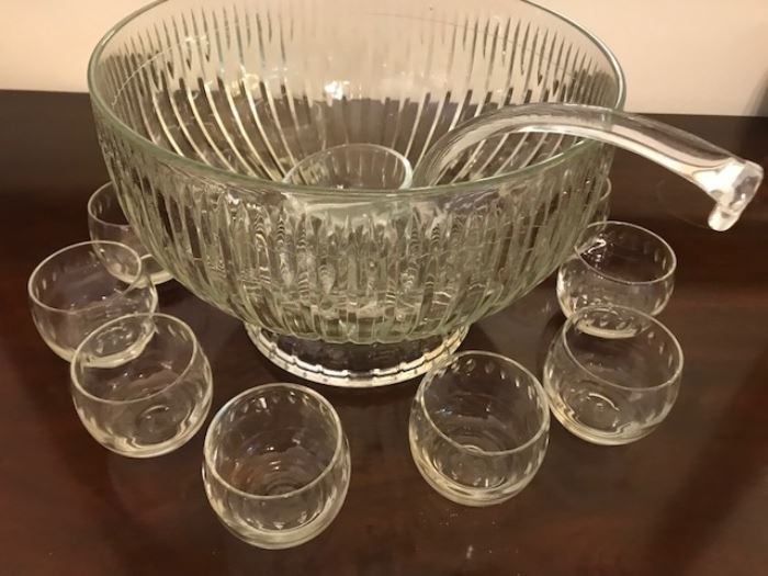 Vintage punch bowl on stand with glass ladle