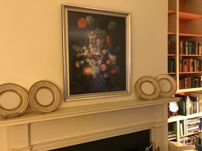 Large floral print over the fireplace