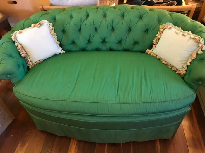 Vintage green silk tufted loveseat.  Some stains.