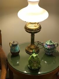 Whimsical teapots, converted brass kerosene lamp (one of a pair)