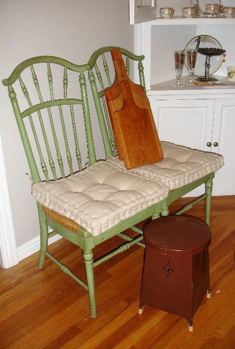 Green chairs (set of 4), hand made cutting boards and great little vintage metal stool