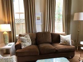 Chocolate velvet sofa, left modern mother of pearl shell table