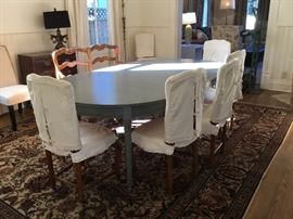 Set of eight French Provençal chairs & matching bench with linens covers, sold with, can be removed, monogram “S”. 