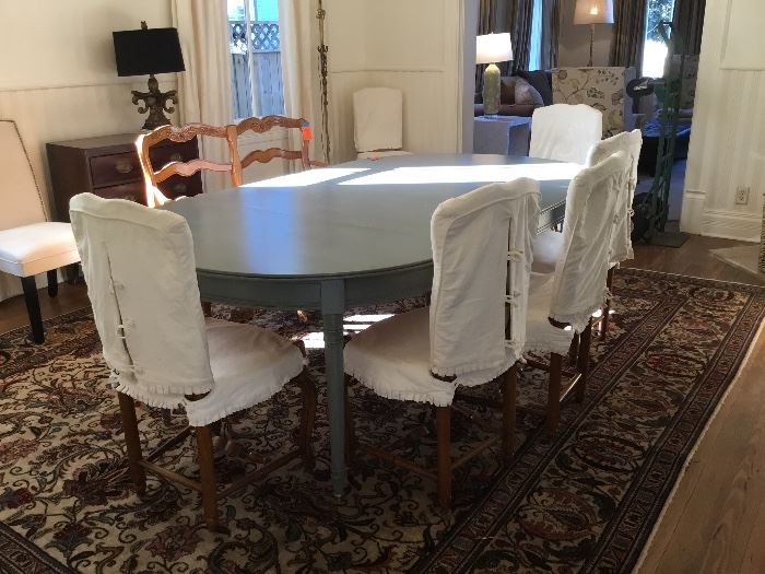 Set of eight French Provençal chairs & matching bench with linens covers, sold with, can be removed, monogram “S”. 