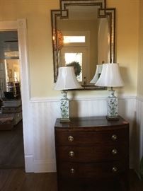 Federal style chest , modern mirror, pair of lamps chinoiserie green & white 