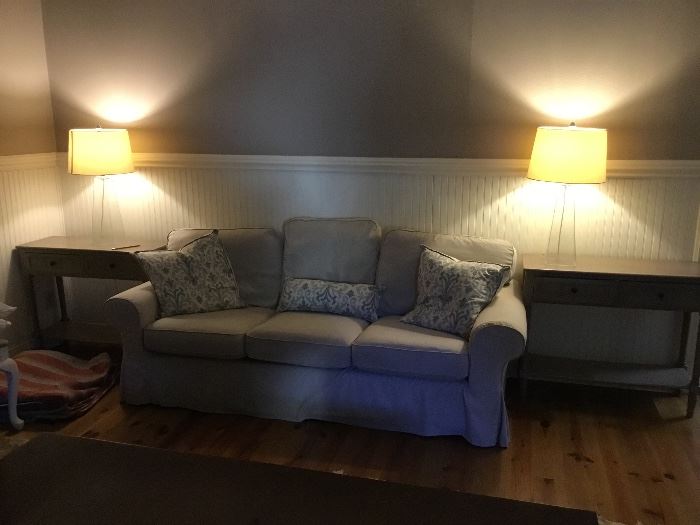 Linen sofa, pair of skinny tables (priced individually)
