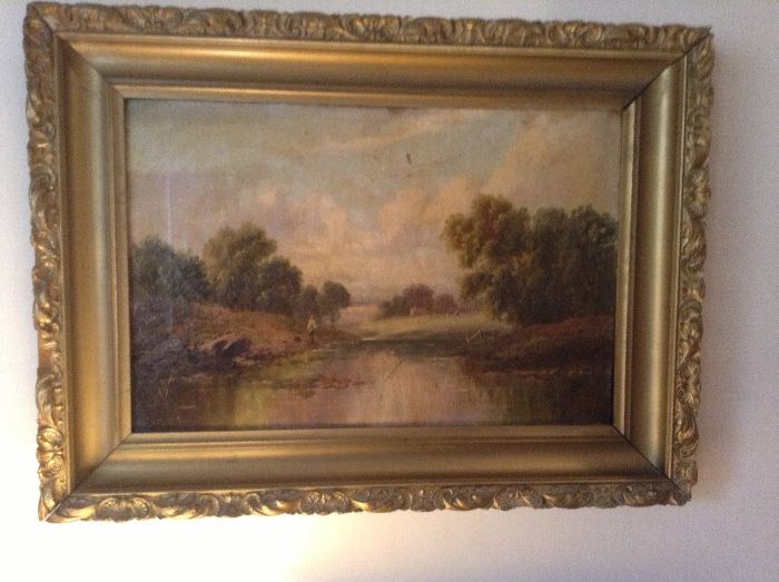 OIL  RIVER SCENE WITH MAN FISHING