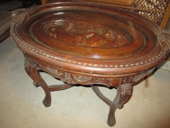 Vintage Carved Table with Removable Tray Top