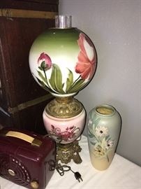 Antique lamp, Weller vase and radio