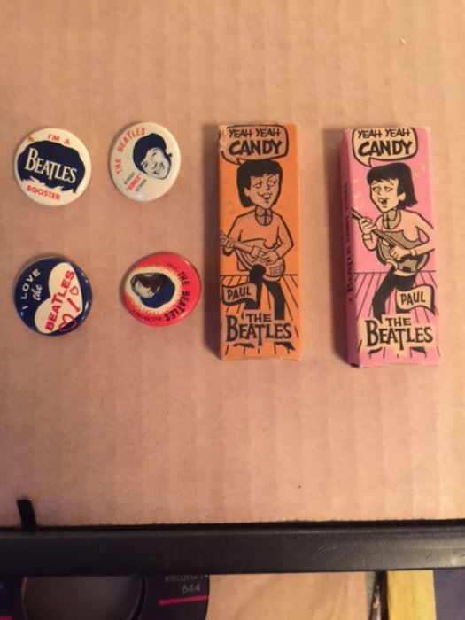 Vintage  Beatles Pins And Candy Stick Boxes