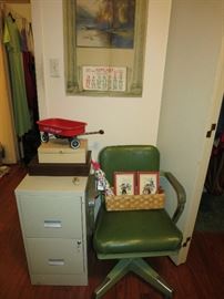 Vintage Office Chair, File Cabinet, Boxes, Wagon, Vintage 1926 Calendar In Great Shape