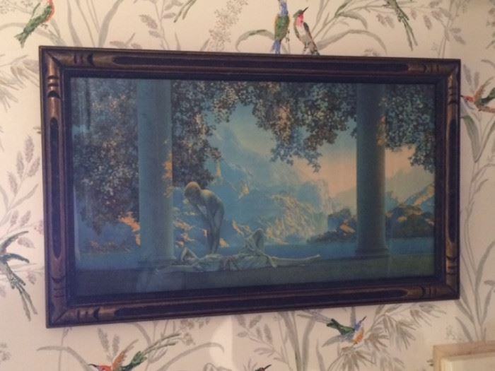 Medium size Maxfield Parrish "Daybreak" print in original frame
