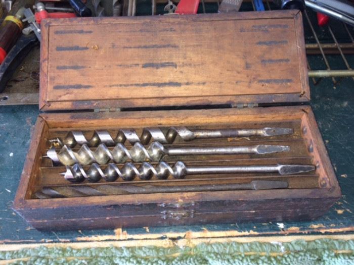 Antique box of drill bits (4 compartments)