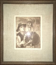 The Knight Errant and Sancho 7/10, etching by Martin Mondras (1925- )