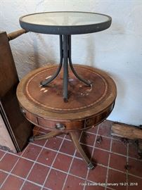 Mahogany drum table and a patio table.