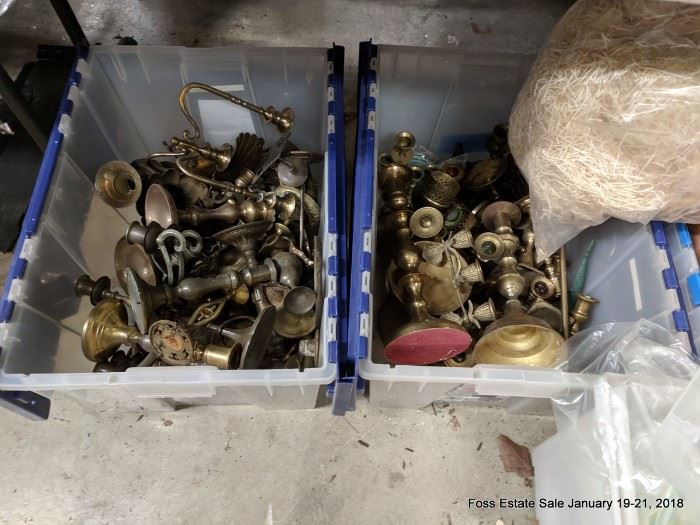 Several bins of vintage brass items