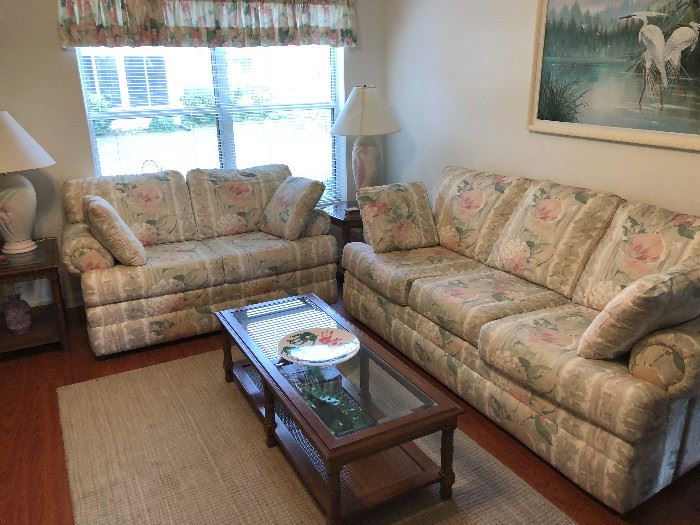 Sofa and matching love seat, glass top coffee and end tables