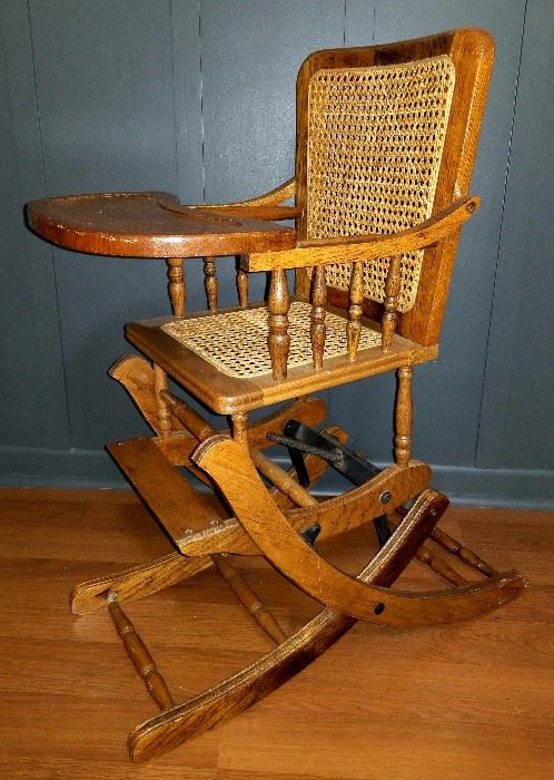 Antique Child Cane Seat High Chair Oak Wood Converts Rocker Museum Quality!