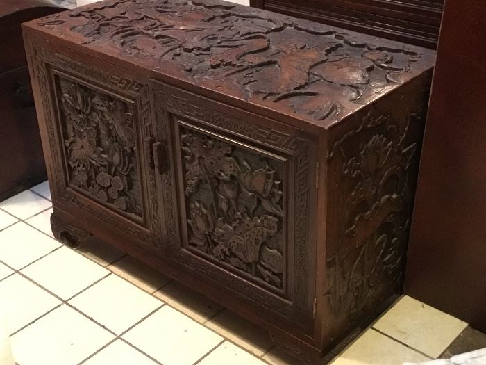 Antique carved camphorwood chest