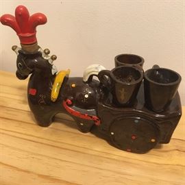 Ceramic Decanter, Horse pulling cart w glasses