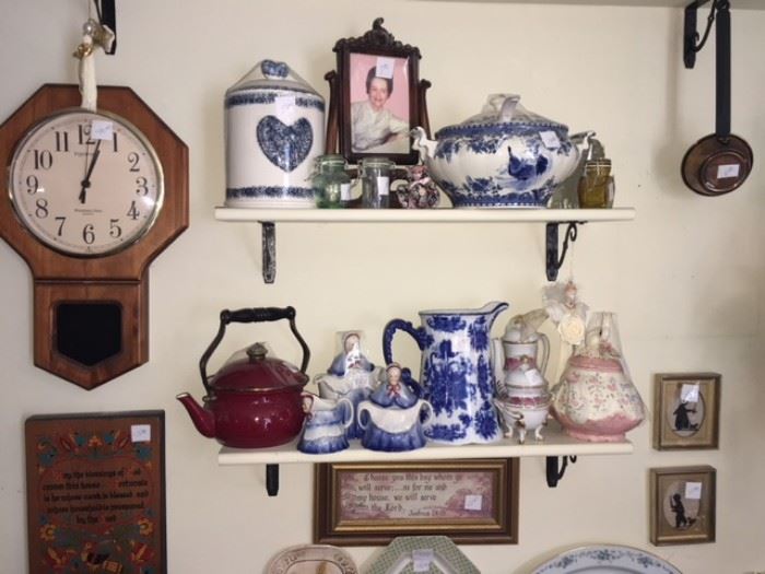 assortment of transfer ware , pottery, tea kettle, clocks, pictures and much more
