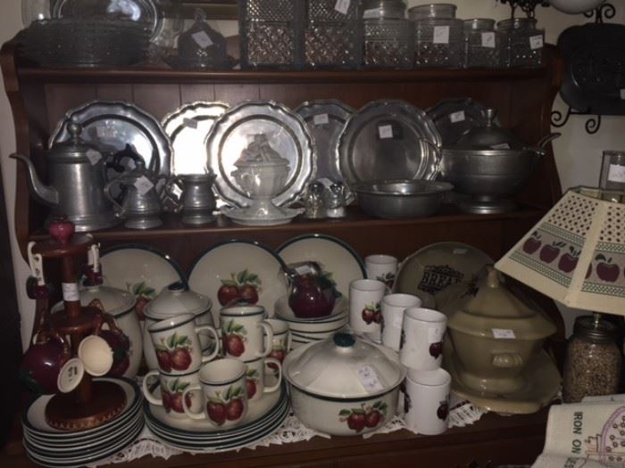 china kitchen hutch with apple pattern kitchen dishes along with pewter and glass canister sets