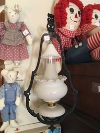 one of two matching hanging vintage oil lamps - raggedy Ann and Andy and Mr. and Mrs. Bunny