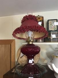 red glass oil lamp with hand made shades