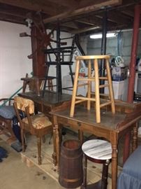writing desk, marble top fern stand, spinning wheel, bar stools, rocker chair, wood churn and other great items