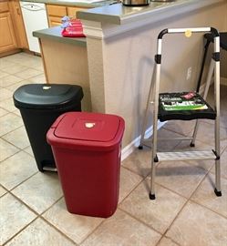 Nice light weight aluminum ladder and Kitchen trash containers.