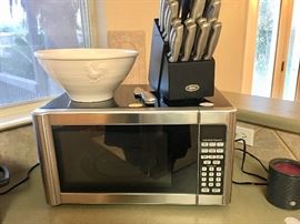 Stainless Microwave Looks like never used. Stainless knive set  and Prcelain Rooster bowl.