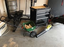 Rims for Trans Am and garden items and workout bench.