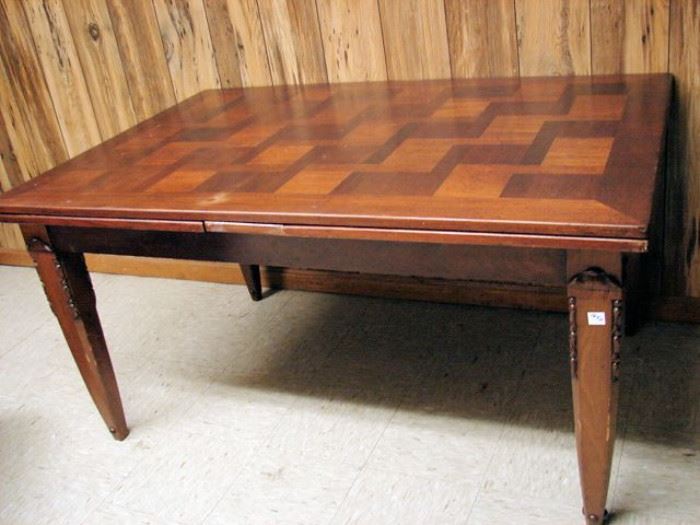 Antique parquet top dining table with pull-out leaves