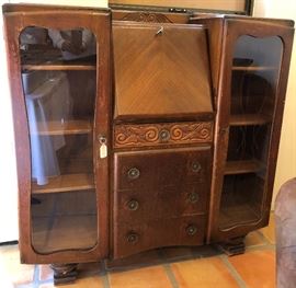 Antique Secretary with Attached Glass Front Bookcases