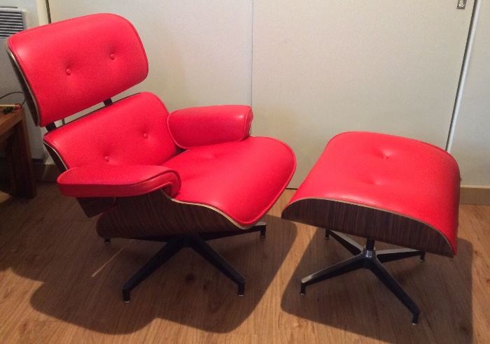 Red leather Eames-style lounge chair & ottoman