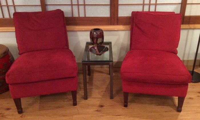 Pair of red ultrasuede armless chairs by Lee Industries, metal & glass end table, more studio pottery incl. bowl by Matthew Patton