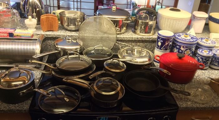 Pots & pans including Calphalon, cast iron skillets & red Le Creuset enamel Dutch oven