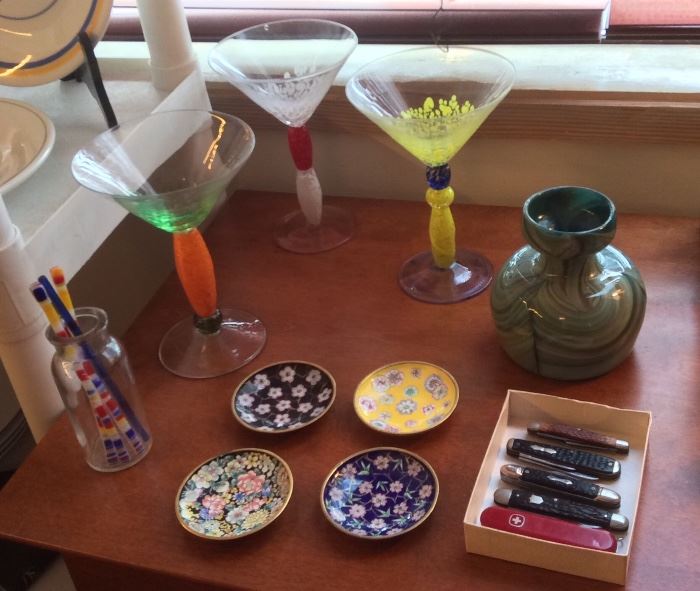 Colorful martini glasses, green art glass bulb vase (signed), small enamel bowls, glass swizel sticks