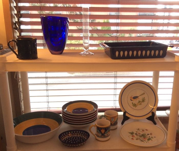 Studio pottery mug by Wm. Creitz, Kosta Boda blue glass vase, Orrefors bud vase, Cathrineholm blue lasagna pan, Italian bowl, plates & mugs