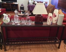Glass & metal 5 ft. console table from Del-Teet, Portmerion/The Garden Botanic pitcher, crystal decanters & snifters, oxblood ceramic lamp, assorted vases