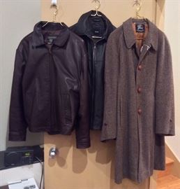 Leather jackets by Banana Republic & Hugo Boss, vintage tweed coat by Burberrys.