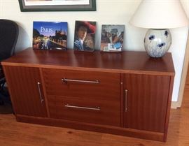 Jesper cherry office credenza (made in Denmark), coffee table books, Sam Scott pottery lamp