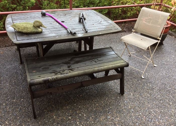 Wooden picnic table & 2 benches, cement duck, one of a set of 4 folding chairs